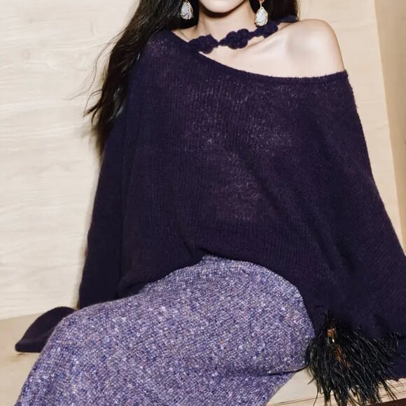 Midnight Plum Purple Oversized Hand-Knit Sweater Pullover - Picture 1 of 8